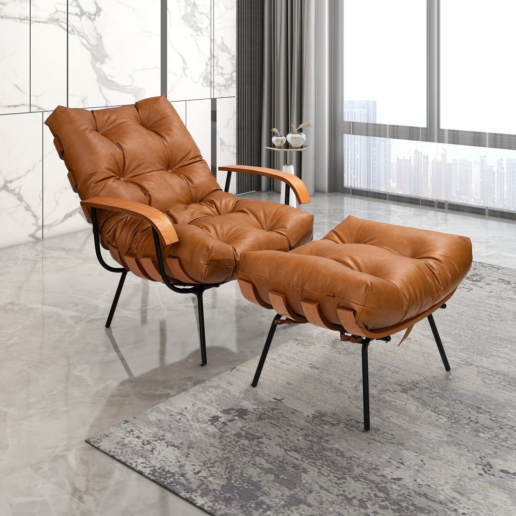 Poltrona de Ferro e Madeira, Estofada com Braço e Puff Estofado Costela Living Outdoor Espresso Móveis Preto/Couro - Home & Living