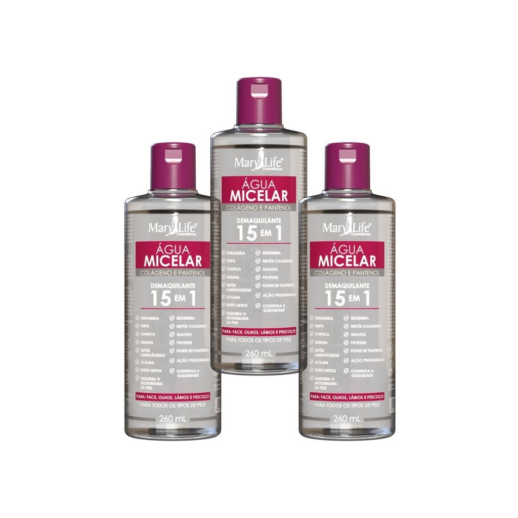 Kit c/ 3 Água Micelar Colágeno e Pantenol Demaquilante 15 em 1 – Mary Life em Oferta na Shopee