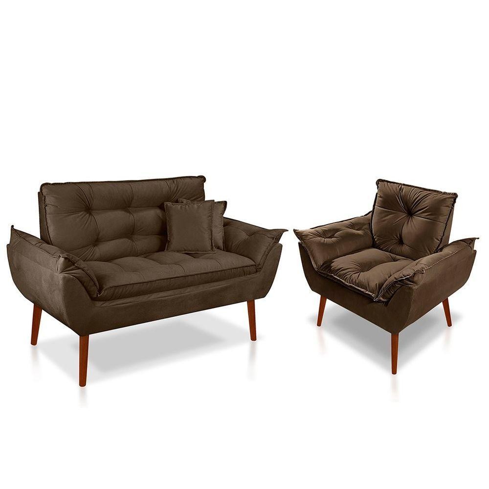 Kit 01 Poltrona Opala + 01 Namoradeira Opala + 02 Almofadas Suede Marrom - Home & Living