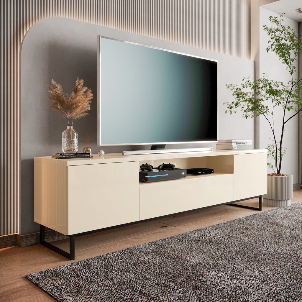 Rack 100% MDF para TV até 75 Polegadas Pés Industrial com 2 Portas Austin Off White