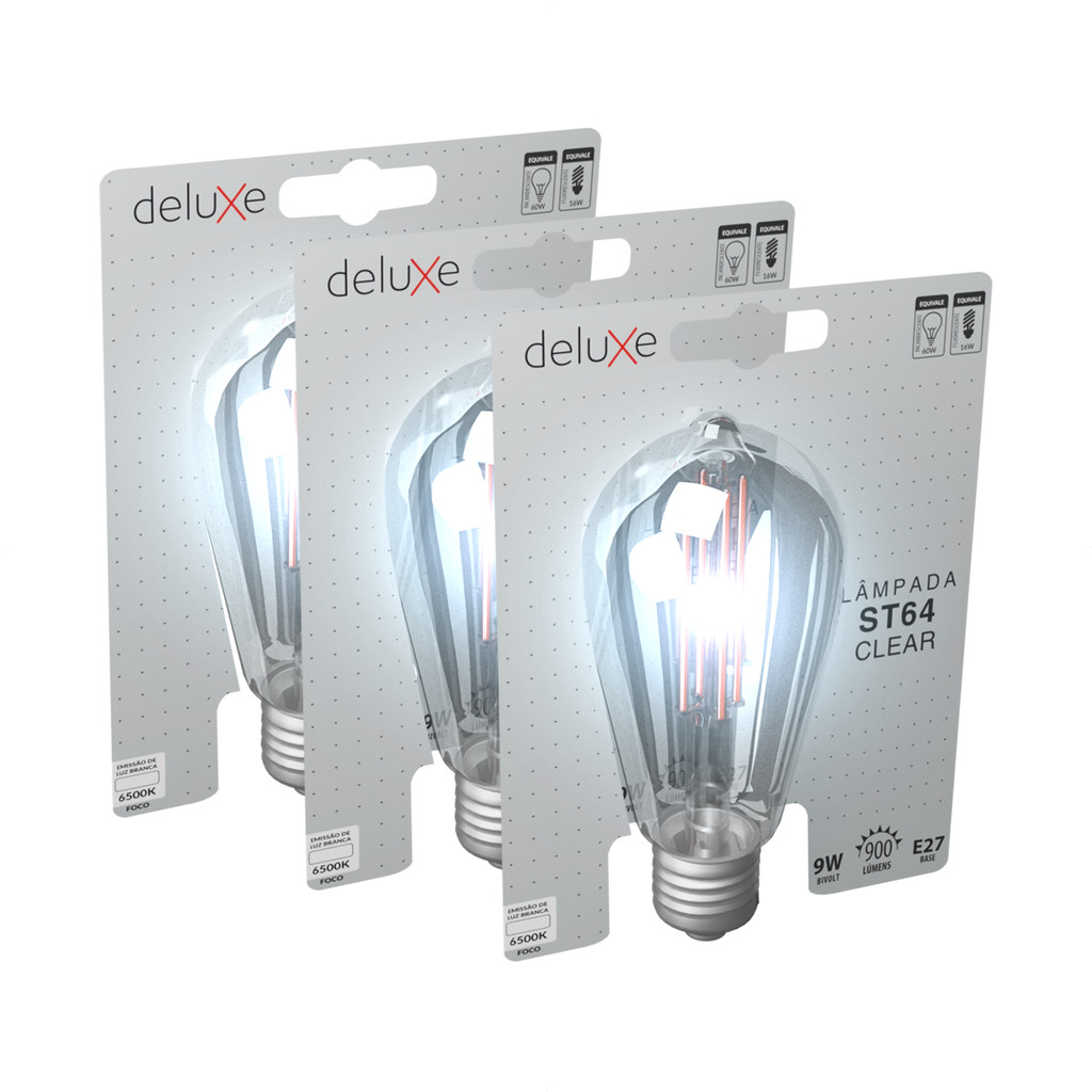 Kit 3 Lampadas Led ST64 Clear 9w 6500k Luz Branco Frio E27 Bivolt Deluxe By Avant em Oferta na Shopee