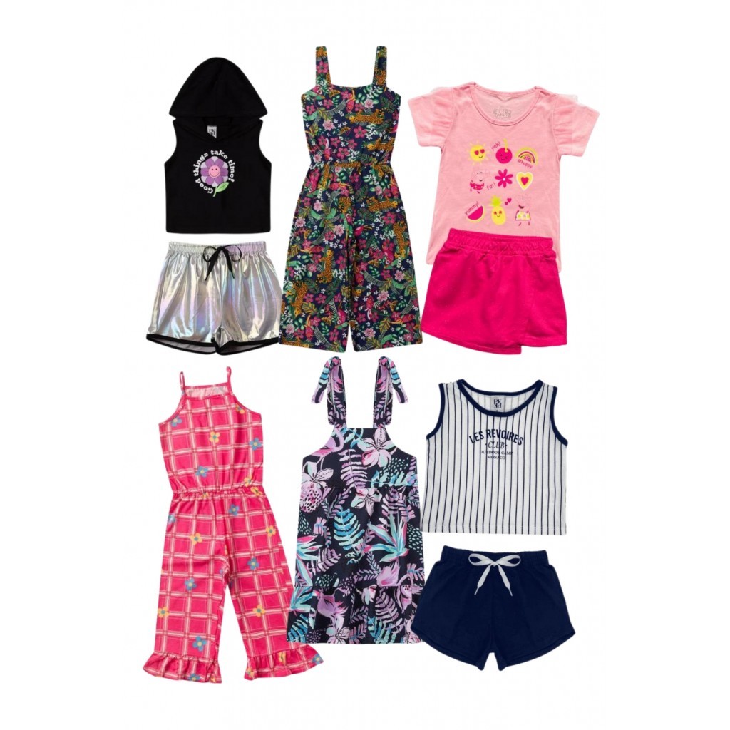 Kit Sortido 12 Peças de Roupas Infantis Feminino Verão - 6 Camisetas + 6 Bermudas