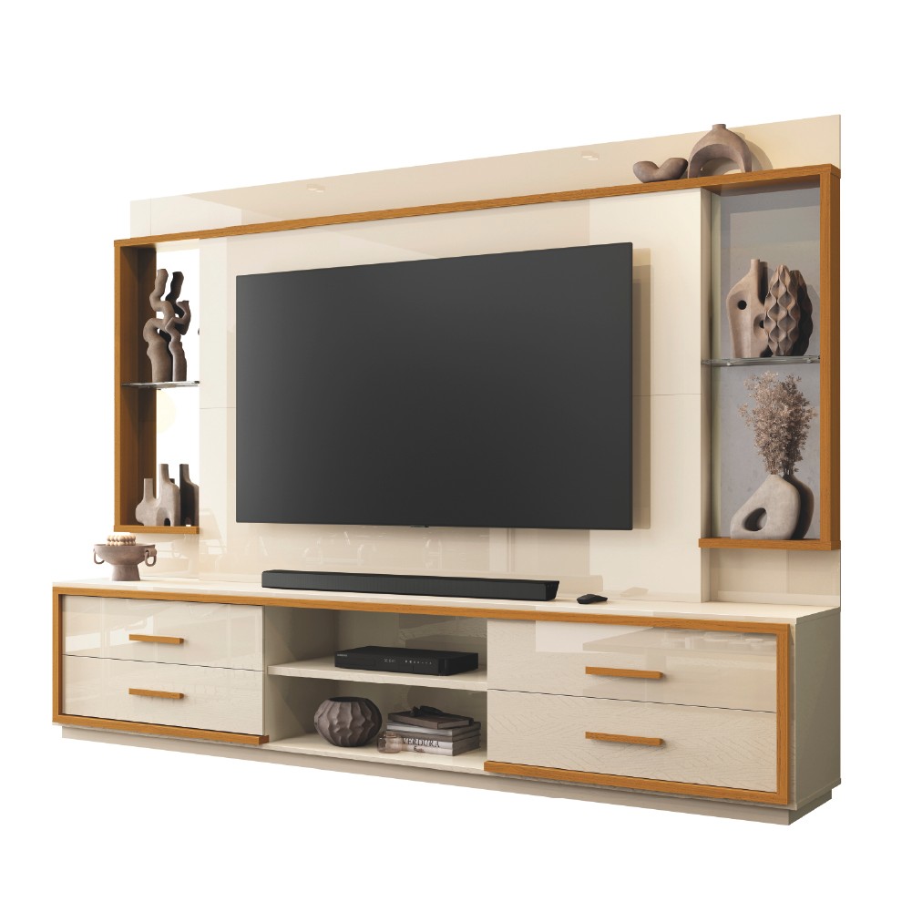 Estante Home Theater com Espelho e Vidro Para TV Até 75 Polegadas 2,40m Leni EDN - Home & Living