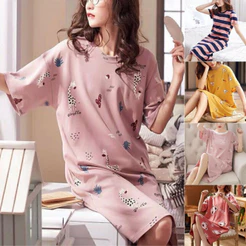 Camisola Feminina Pijamas Manga Curta Divertida Impressão Sleepdress Solto Confortável Sleepshirts