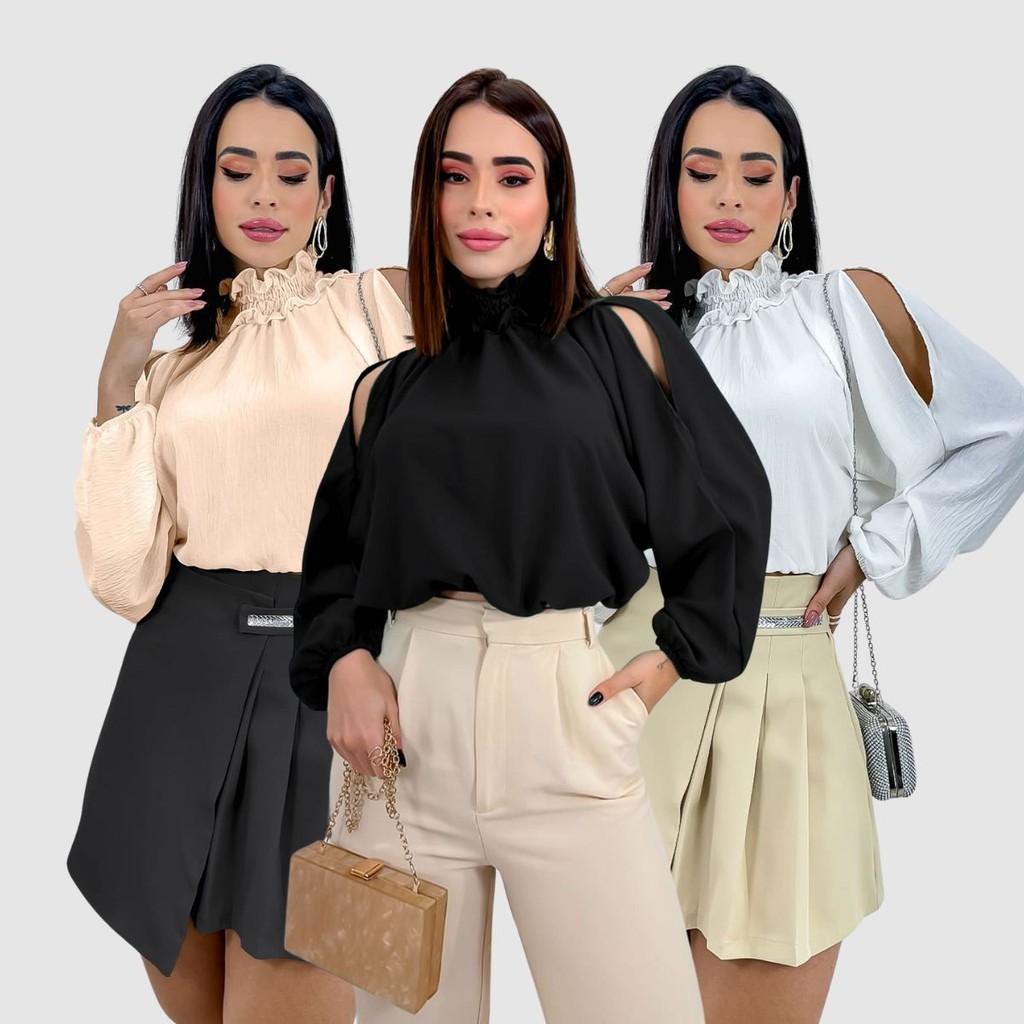 Kit 3 Blusa Feminina Social Chique Manga Bufante Com Vazado