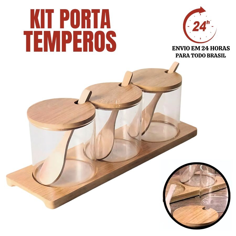 Kit 3 Potes  Tampa de Bambu Porta condimentos Temperos de Vidro com Suporte tampa em bambu