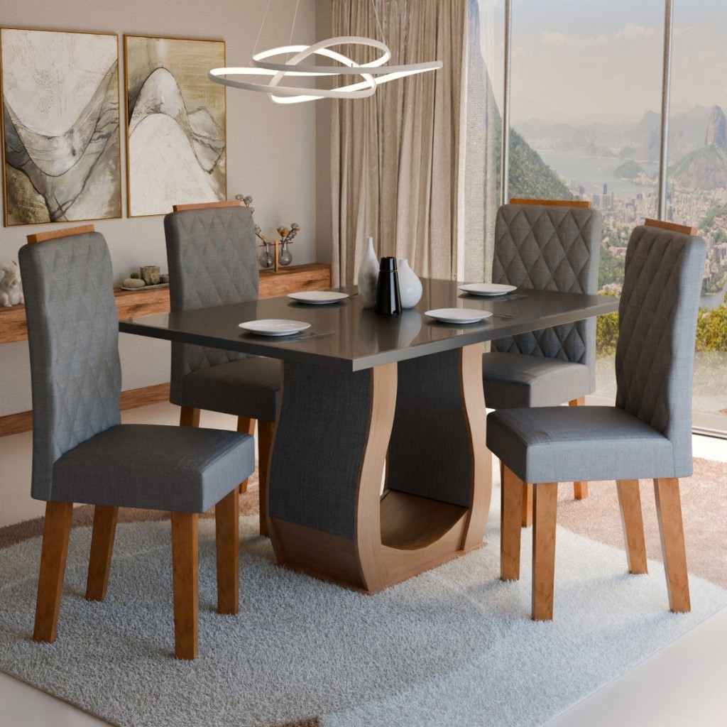 Mesa de Jantar 4 Lugares Belvedere com Vidro - Panorama Móveis em Oferta na Shopee