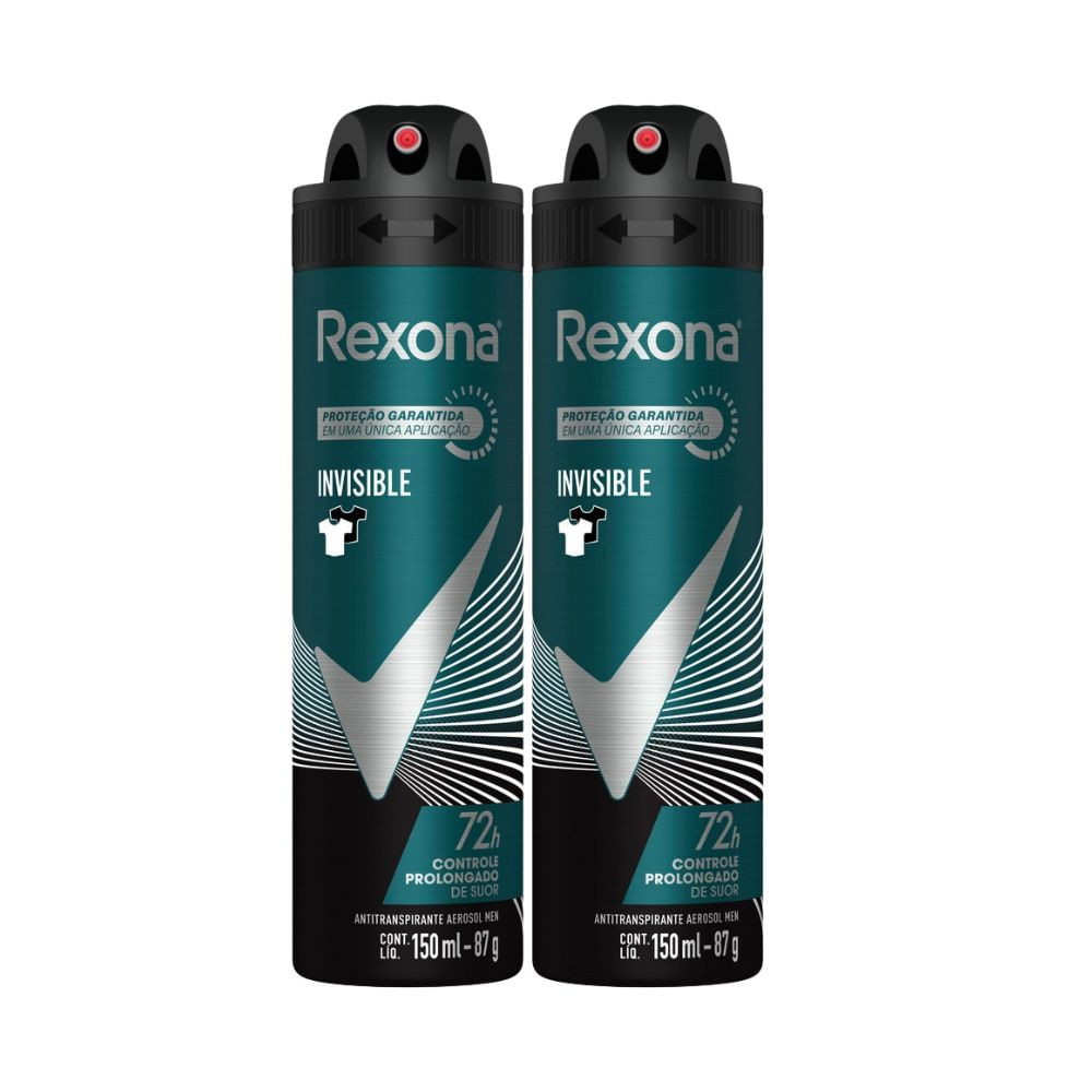 Kit 2 Desodorante Rexona Invisible Masculino Aerosol Antitranspirante 72 horas 150ml - Beauty