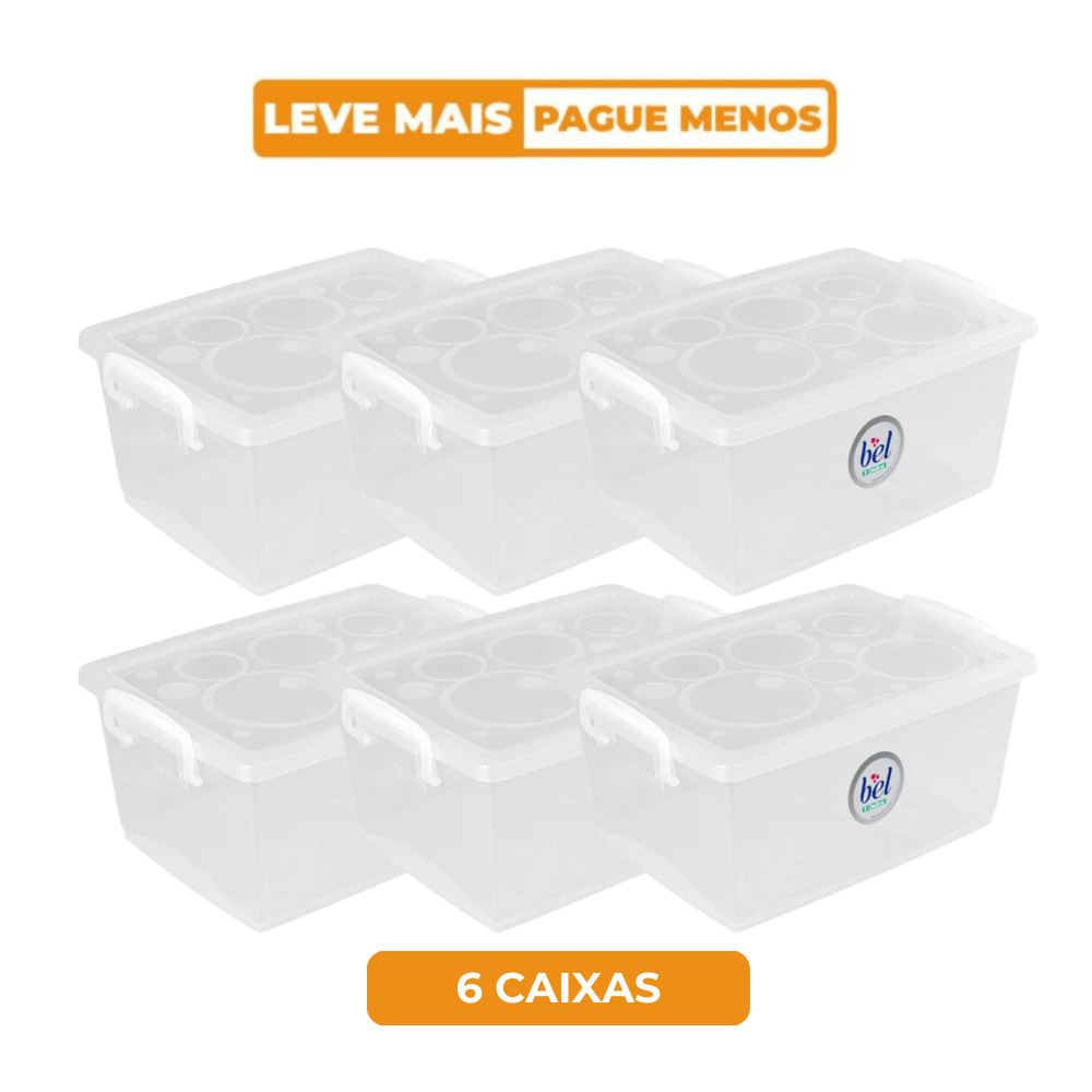 Kit 6 Caixas Organizadoras Plásticas com Trava e Alça Cristal 650ml Bel Ordene