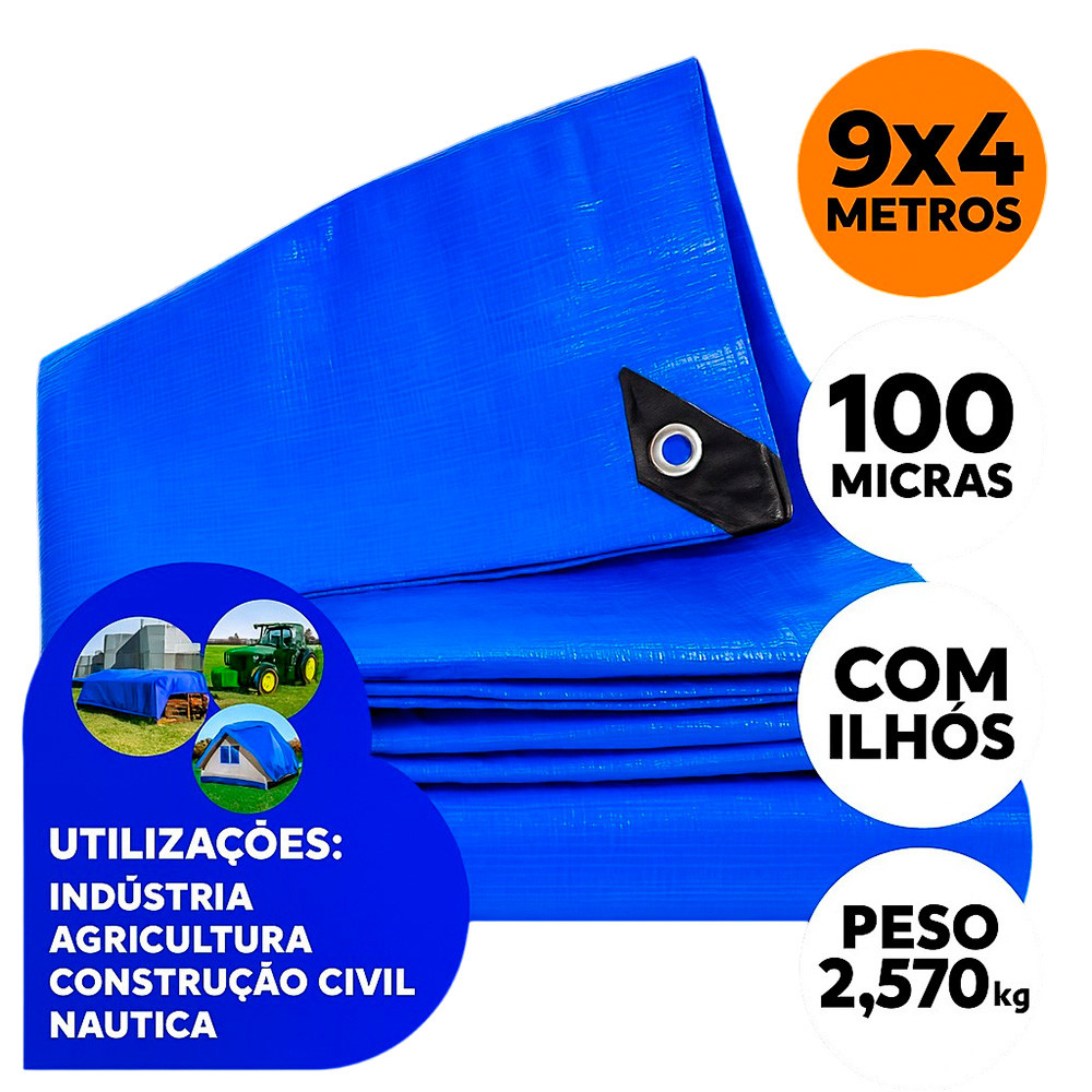 Lona de Polietileno Menegotti 9x4m 100 Micras Azul com Proteção UV – 2,570kg - Home & Living