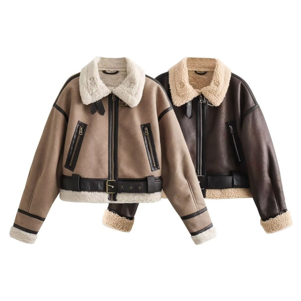 Ailegogo Streetwear Feminino Retro Solto Emendado Couro Falso Pele Macia Jaqueta Curta Inverno Zíper Cinto Casaco Vintag
