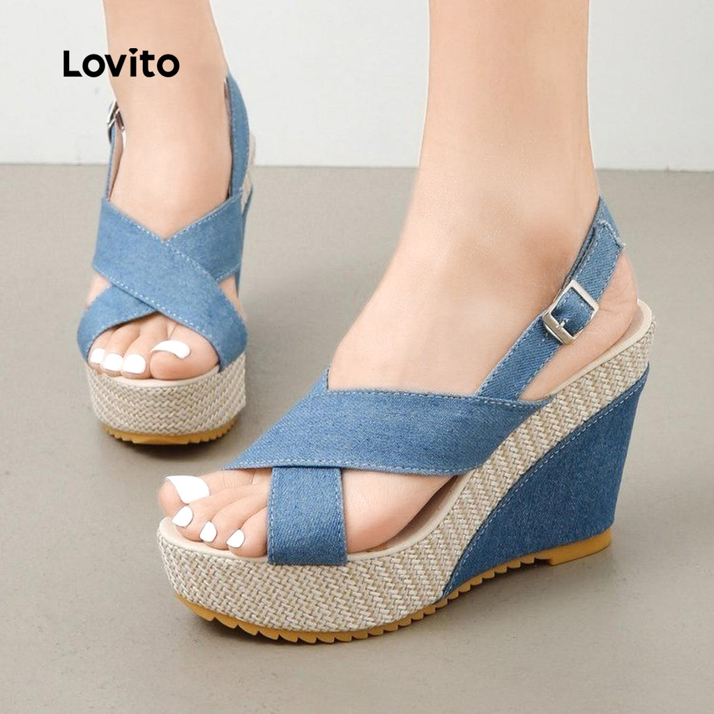 Lovito Casual liso Denim tiras cruzadas sola grossa salto cunha uma palavra fivela cunha para mulher LFA67336 - Women Shoes