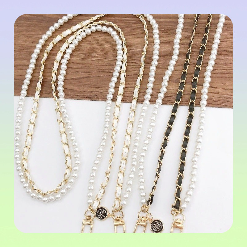 Lanyard de corrente dupla através de capa de celular de couro com pérolas, lanyard para celular, alça para celular, alça