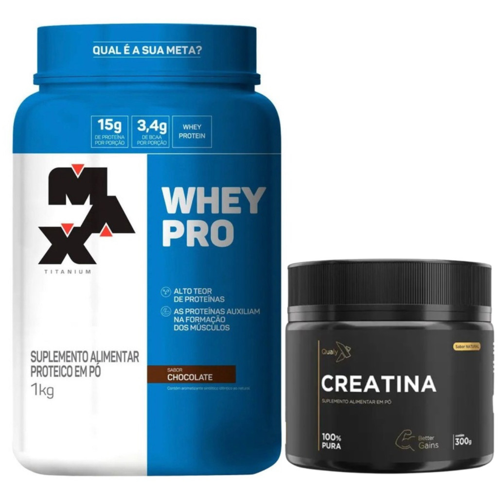 Combo Whey Protein 1kg + Creatina 100% Pura 300g - Max Titanium Suplementos