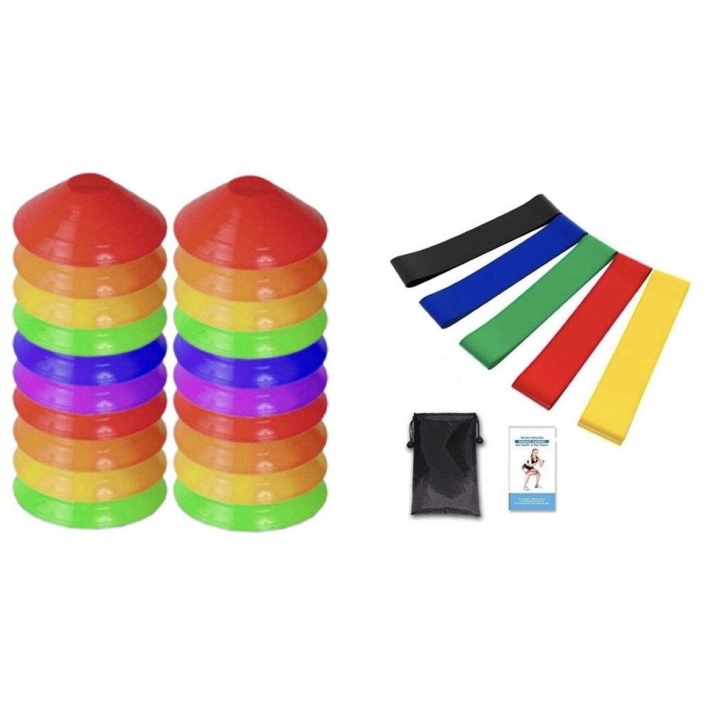 Kit Funcional 10 Cones Chapéu Chinês + 5 Mini Band Faixa Elástica Exercício Fitness