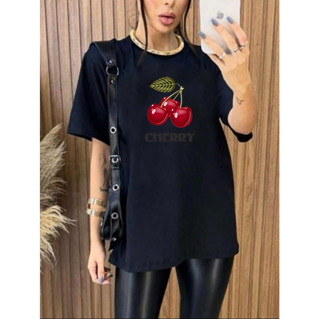 [Camiseta Premium em Algodão Puro]SISI Camiseta Feminina Cherry cereja Oversized 100% algodão cropped blusa estampada