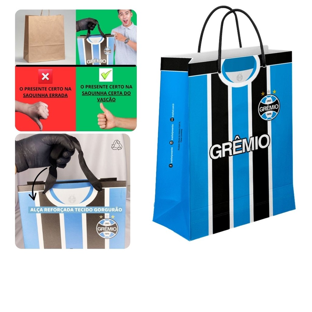 Sacola M Papel Off-Set Com Alça Gorgurão Time Grêmio Oficial do Clube Lembrancinha Presente