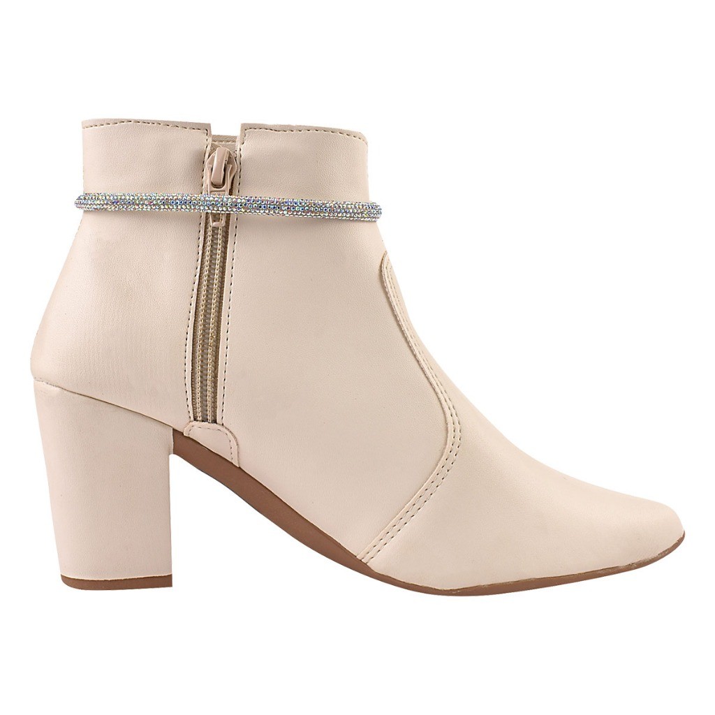 Detalhes do Bota Feminina Cano Baixo Bico Fino com Strass Salto Grosso Médio Zíper Lateral Estilosa Confortável