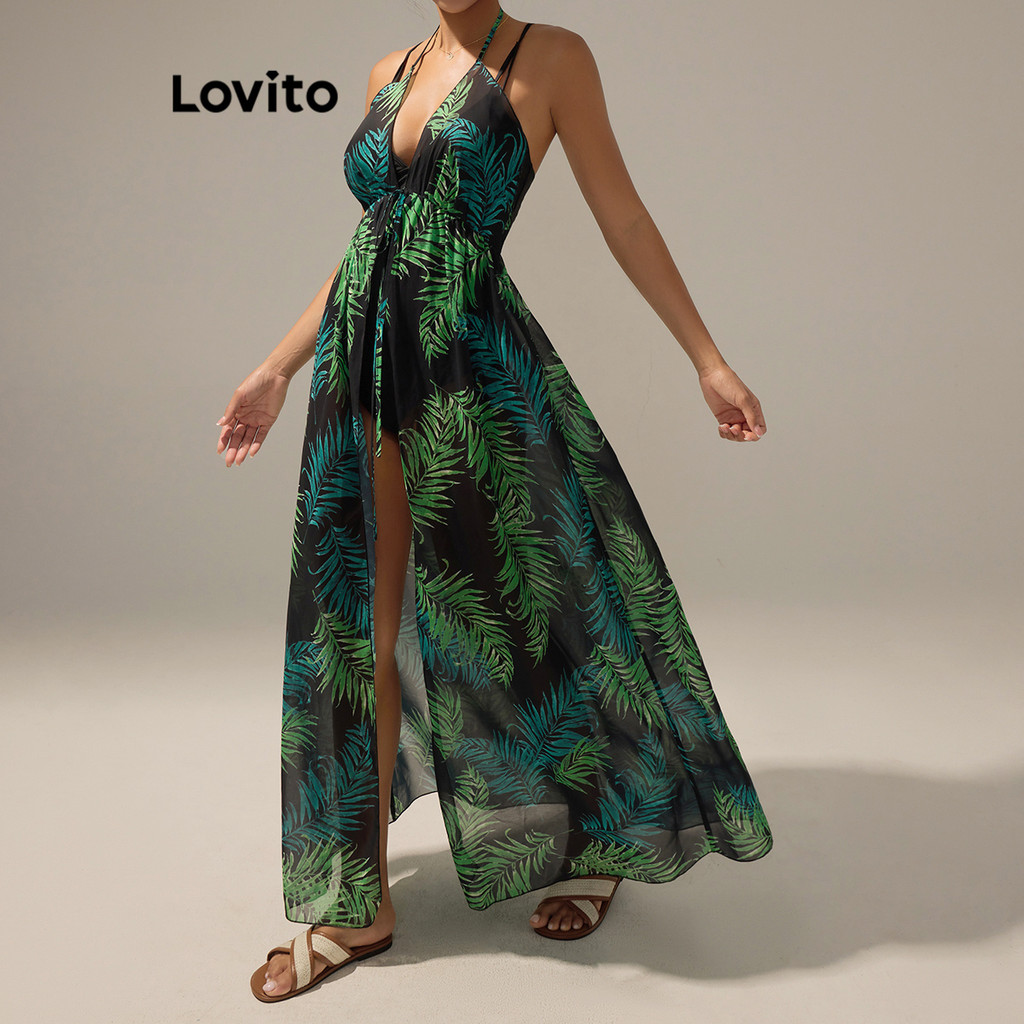 Lovito Kimono Boho Tropical Lace Up Frente Dividida para Mulheres LBL17688 - Sports & Outdoors