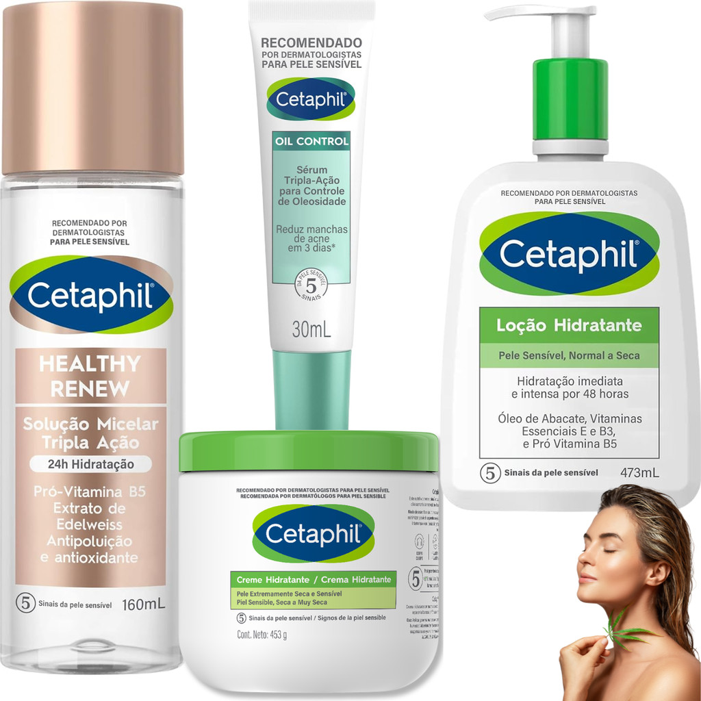 Kit Cetaphil Loção Creme Controle Oleosidade Solução Micelar Hidratante Corpo e Rosto Sérum Oil