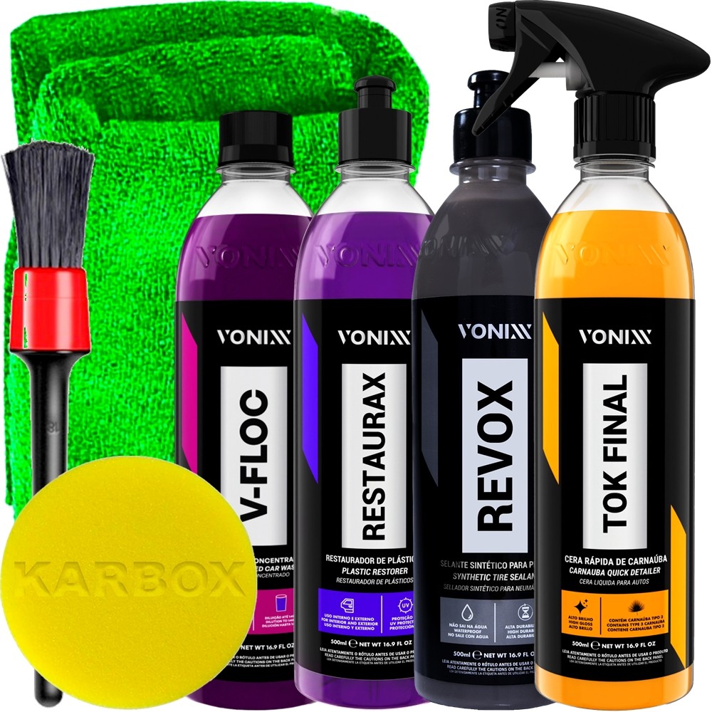 Kit Vonixx Limpeza Automotiva Shampoo V-Floc Cera Tok Final Revox Pneu Pretinho Restaurax e Acessórios Karbox