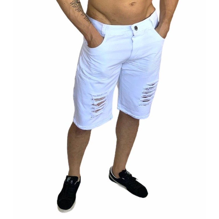 Bermuda Jeans Masculina Rasgada Sarja Destroyed Desfiada Branca Preta Queima de estoque Só hoje