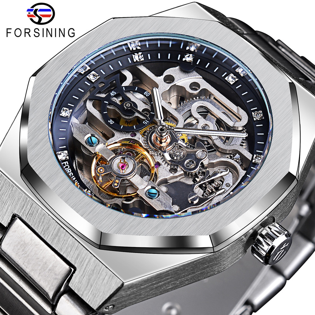 Forsining Relógio Automático Casual 3D Diamante Esqueleto Oco Relógios De Pulso Masculinos Luminosos Militares Turbilhão em Oferta na Shopee