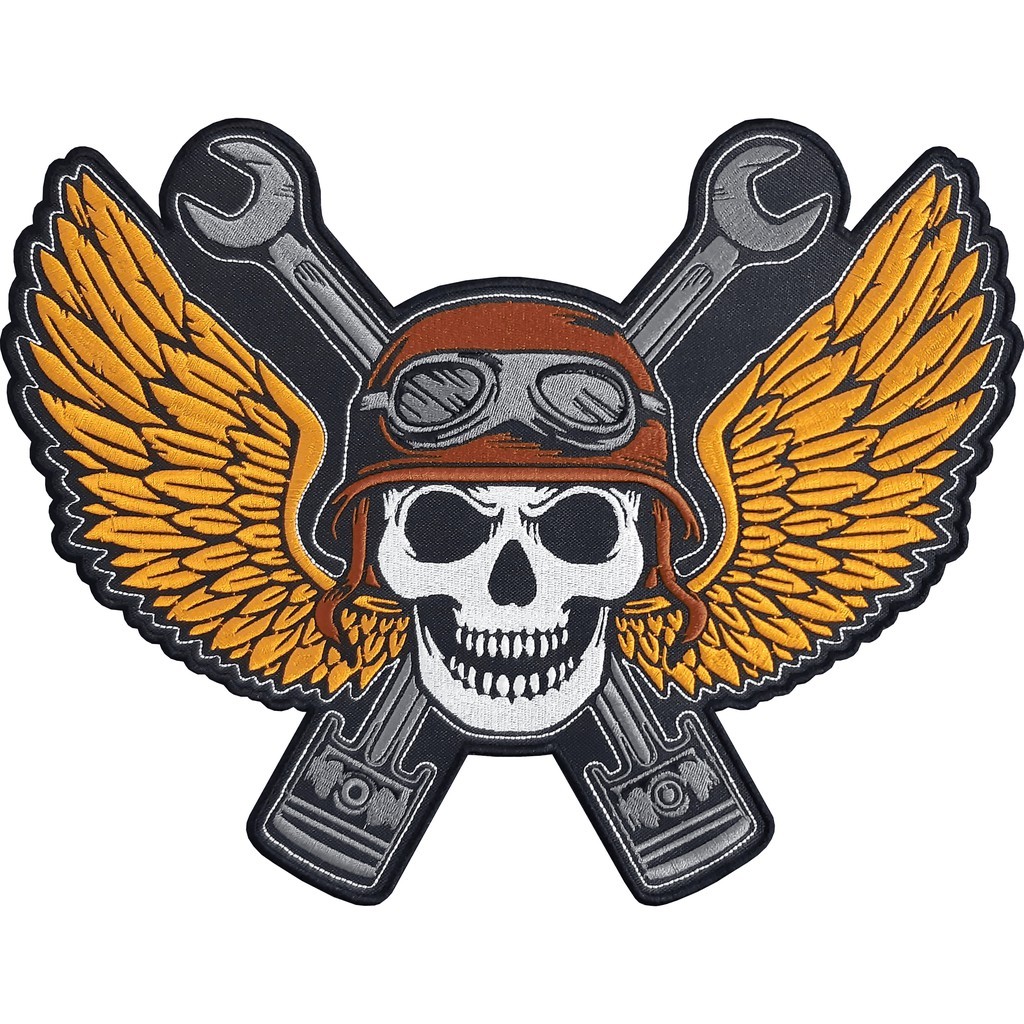 Patch Bordado Caveira Piloto Dourado Skull Motociclista 30x23 Cav9