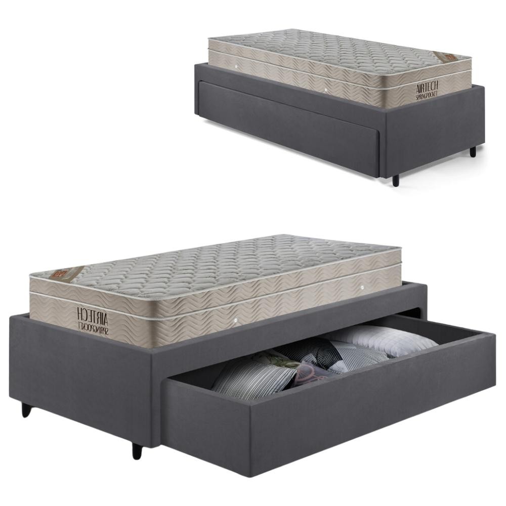 Cama Solteirão Sapateira Suede Cinza e Colchão Airtech Ortobom 96x203