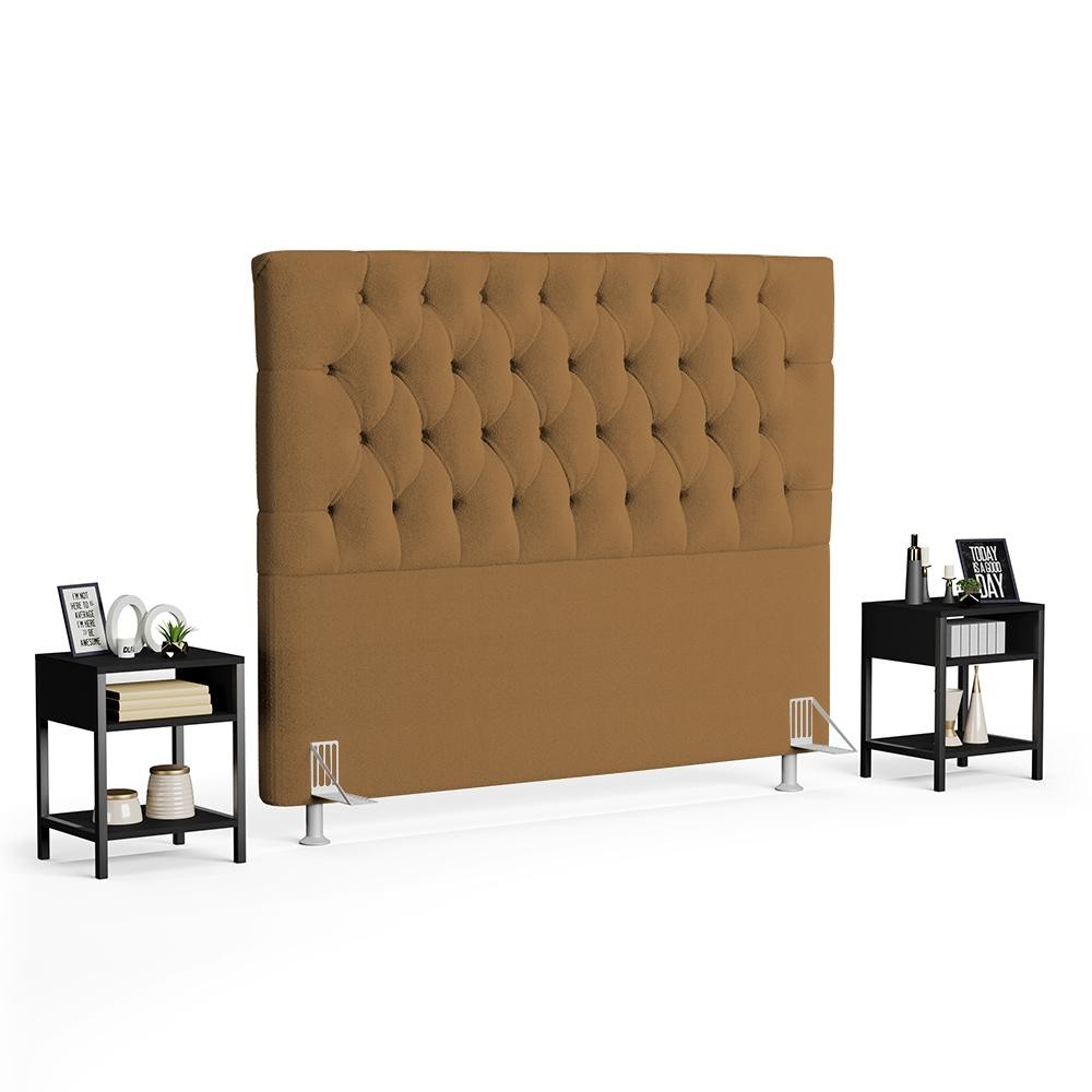 Cabeceira Casal Queen 160cm Cristal Bouclê Mostarda e 2 Mesas Laterais Plaza LC1 Preto - Mpozenato