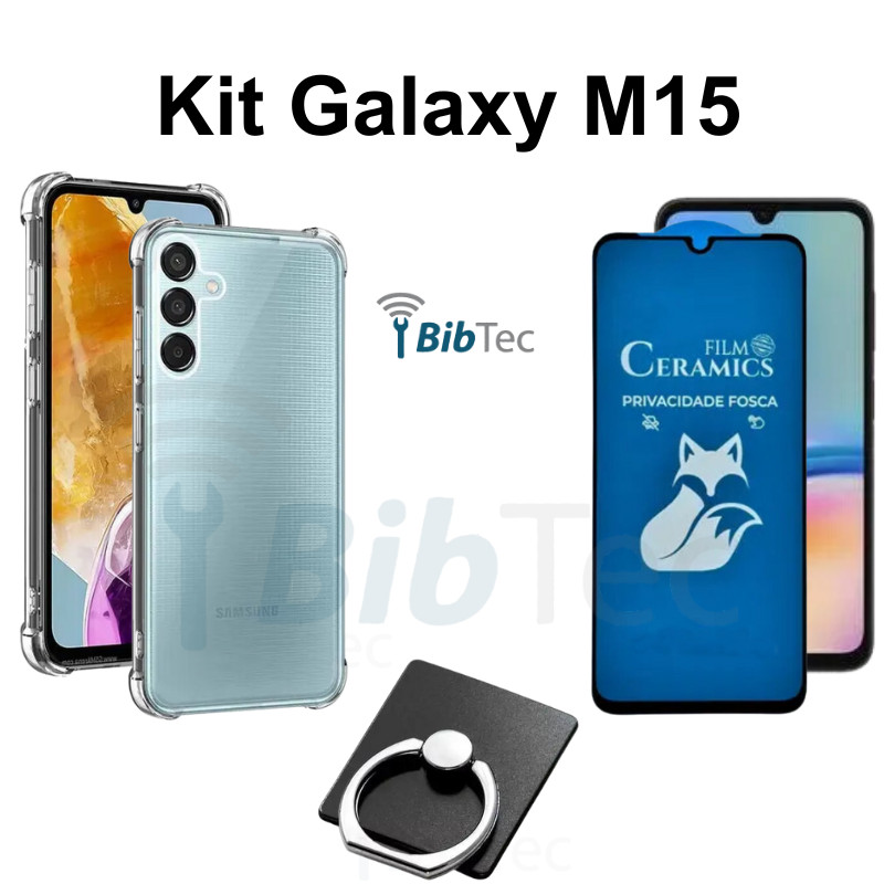 Kit Capinha Transparente + Película Fosca Privacidade + Suporte de Anel para Samsung Galaxy M15