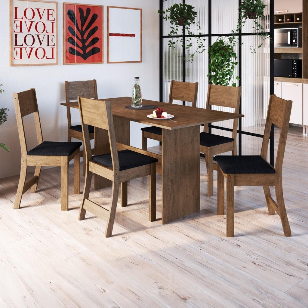 Conjunto Sala de Jantar Fidelitá Siena Com 6 Cadeiras Noce Assento Preto - Home & Living