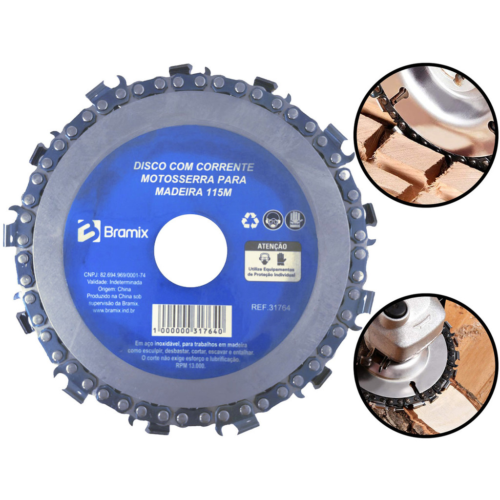 Disco Corte Desbaste Madeira Corrente Motosserra Para Esmerilhadeira Lixadeira 115mm Bramix - Home & Living