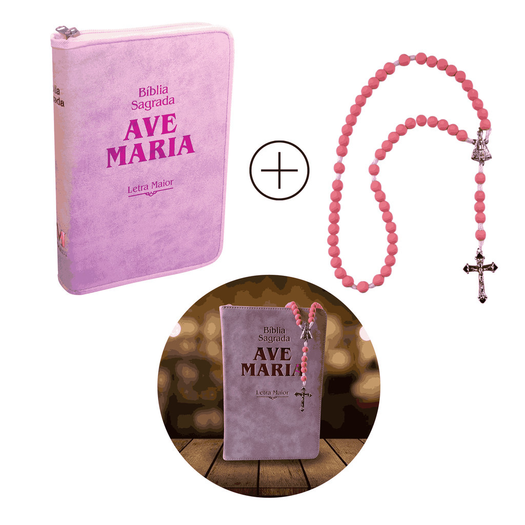 Kit Bíblia Católica Ave Maria Capa Rosa Letra Maior + Terço Nossa Senhora Aparecida em Oferta na Shopee