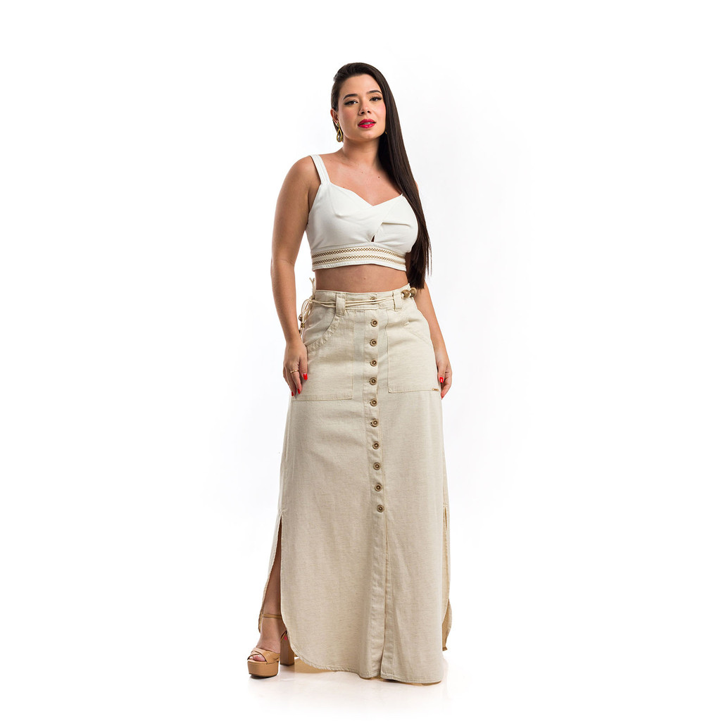 Saia Longa De Linho Premium Com Cinto e Fendas Laterais em Oferta na Shopee