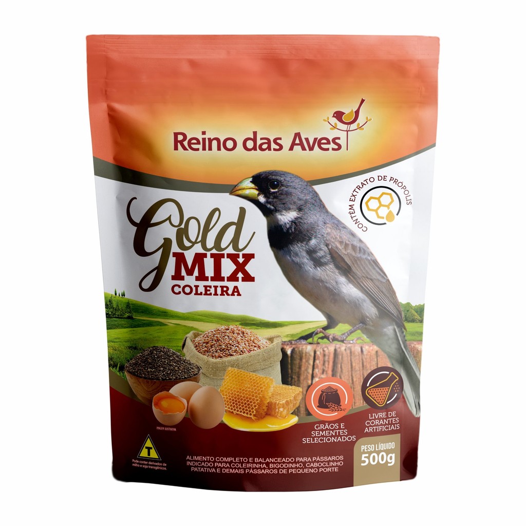 Gold Mix Coleira 500g é a ração ideal para aves. Alimento nutritivo e saboroso que fortalece e dá vitalidade