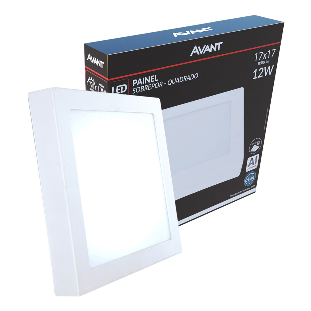 Painel Led Plafon Aluminio Sobrepor 12w 6500k Branco Frio 17cm 110v/220v Bivolt Quadrado Cod:768451372 Avant em Oferta na Shopee