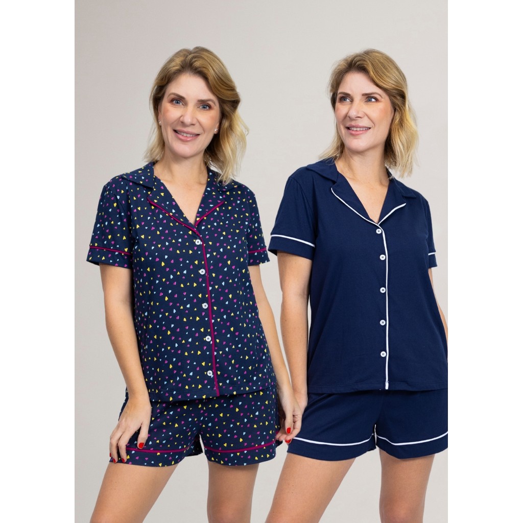 KIT 2 Pijamas Americanos Curtos Feminino Algodão Verão Estampa: Corações Marinho + Marinho Liso