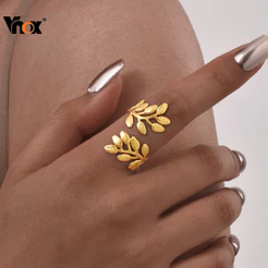 Anel De Abertura De Folha Vnox Para Mulheres , Dourado De Aço Inoxidável Não Manchado E Hipoalergênico Presente para ela