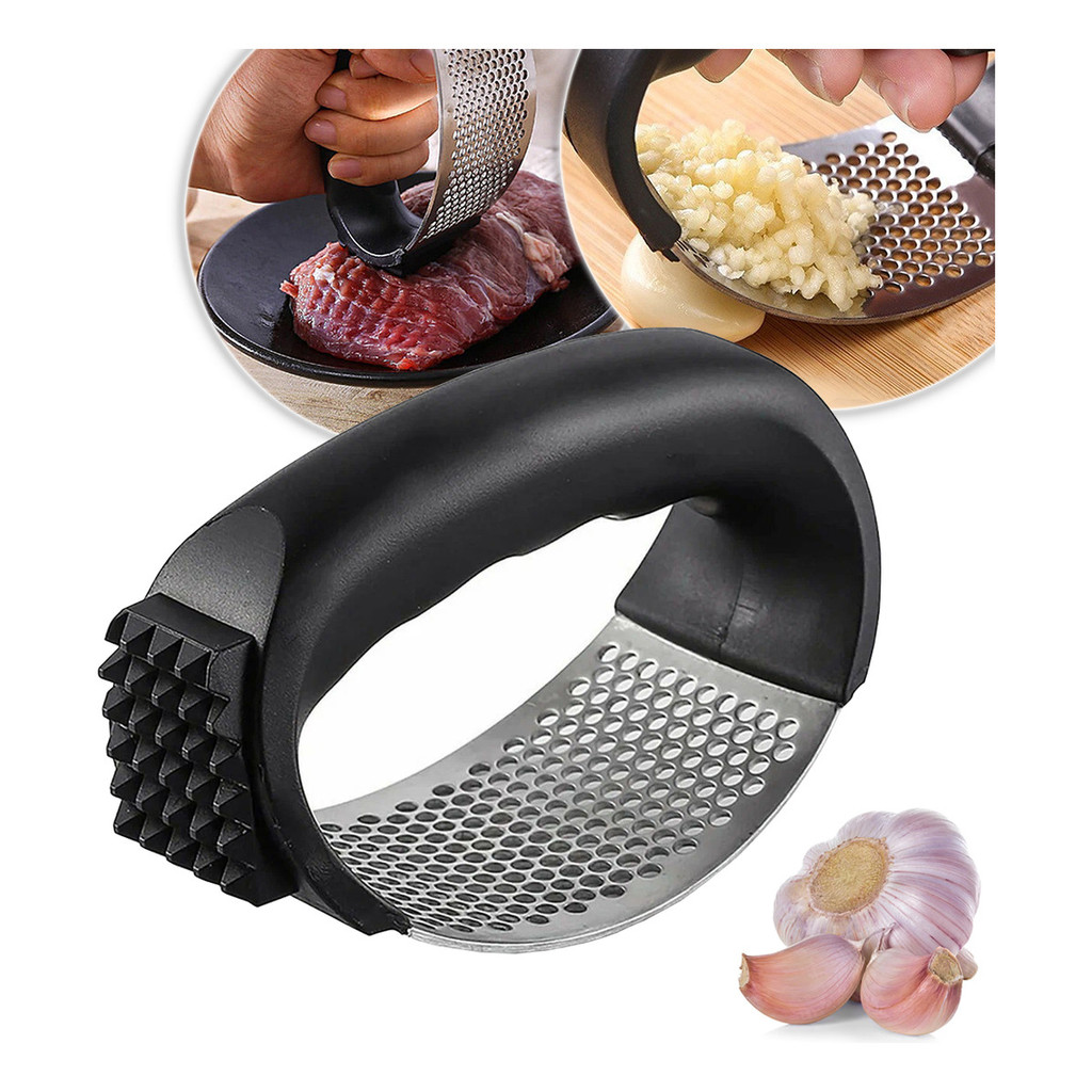 Triturador Alho Manual Inox Picar Amassador Espremedor 11cm Alho Batata Legumes Prático Multiuso Universal Cabo Preto