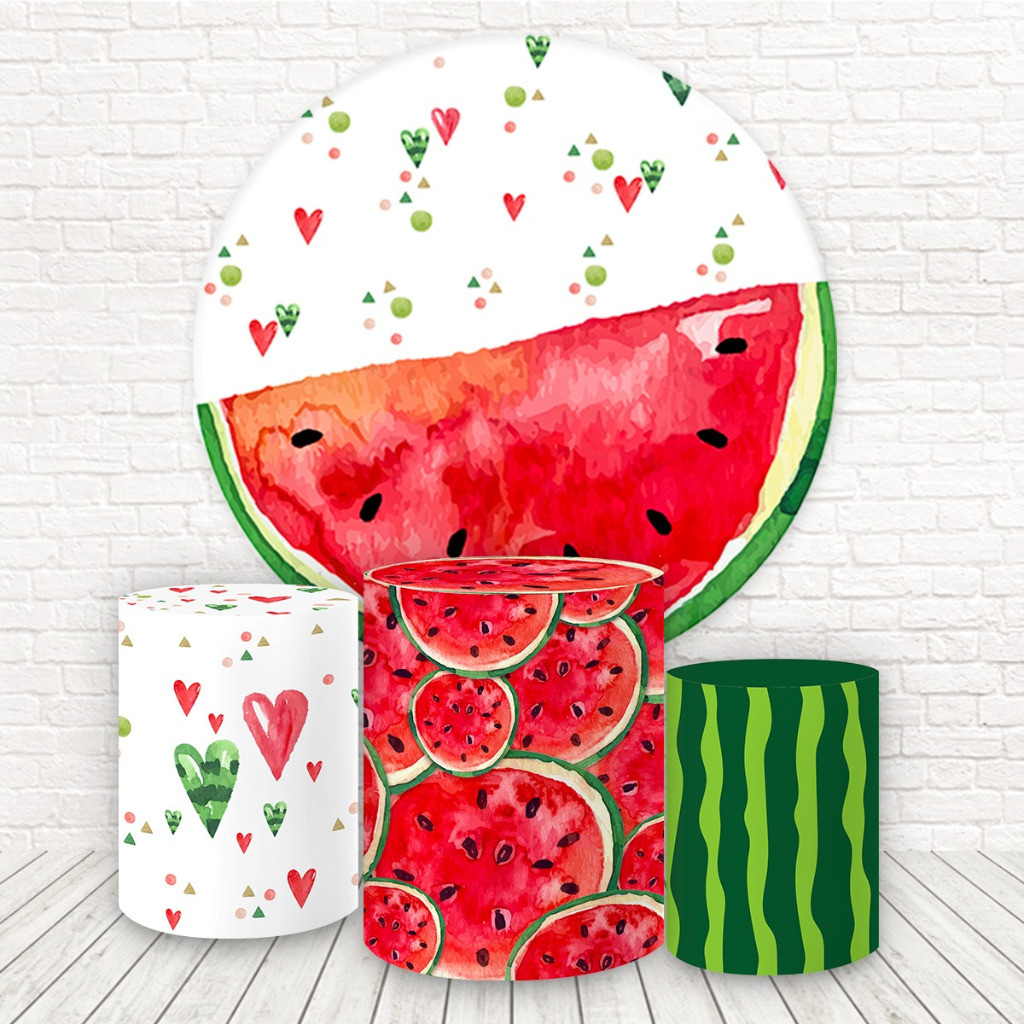 Kit Painel Redondo e Capas de Cilindro Festa Decoração Tecido Sublimado 3D Melancia