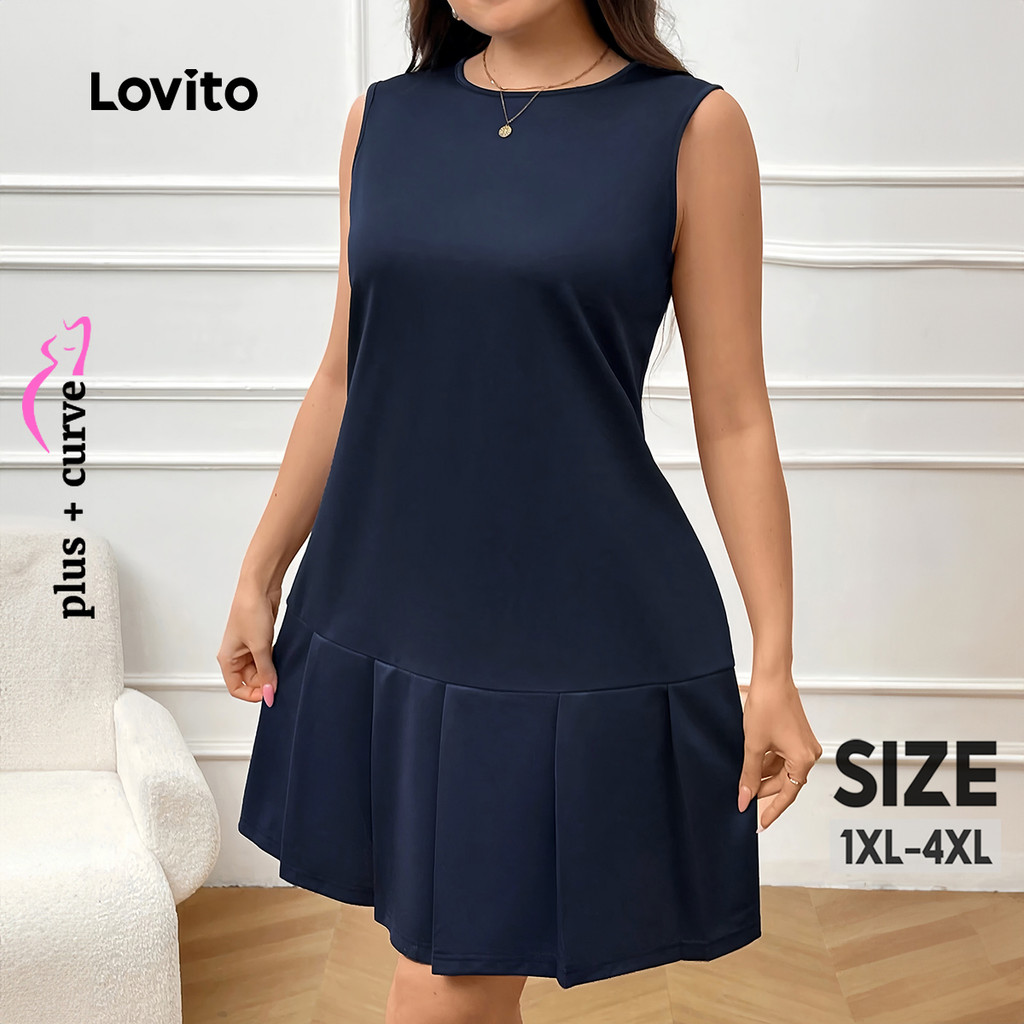 Lovito Vestido Plus Size curva elegante com costura em tecido plissado liso para mulheres LBL23355 - Women Clothes