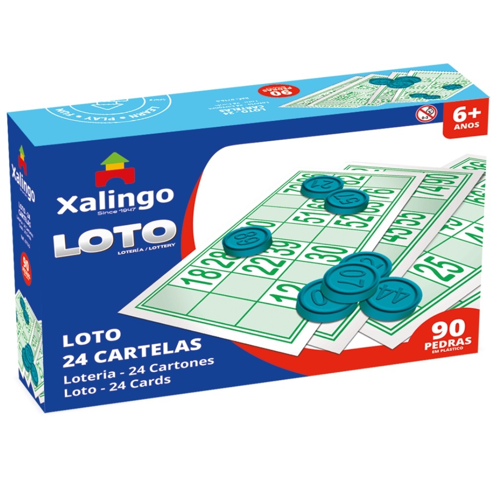 JOGO LOTO 24 CARTELAS XALINGO 90 PEÇAS PLÁSTICAS FAMÍLIA NÚMEROS RACIOCÍNIO LOTERÍA CARTÕES BINGO