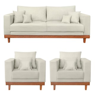 Kit 2 Poltronas Living + Sofá 2 Lugares com Base Madeira Suede em Oferta na Shopee