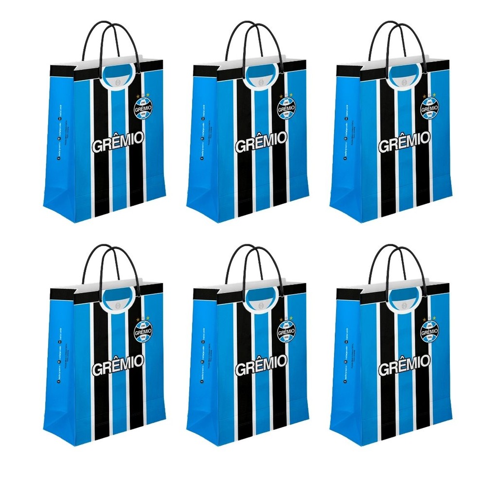 Kit 6 Sacolas M Papel Off-Set Com Alça Gorgurão Time Grêmio Oficial do Clube Presente Atacado