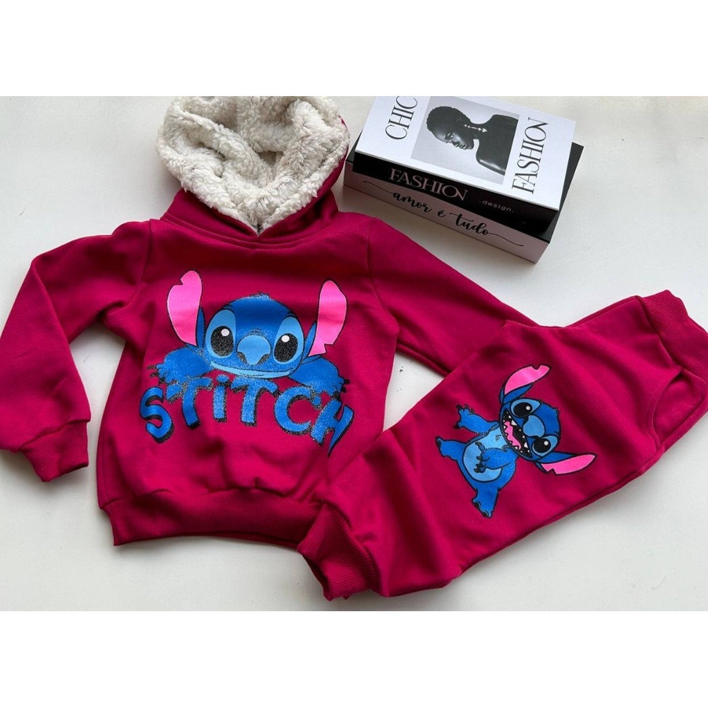 Conjunto Stitch Agasalho Moletom flanelado Capuz Pelúciado Menina
