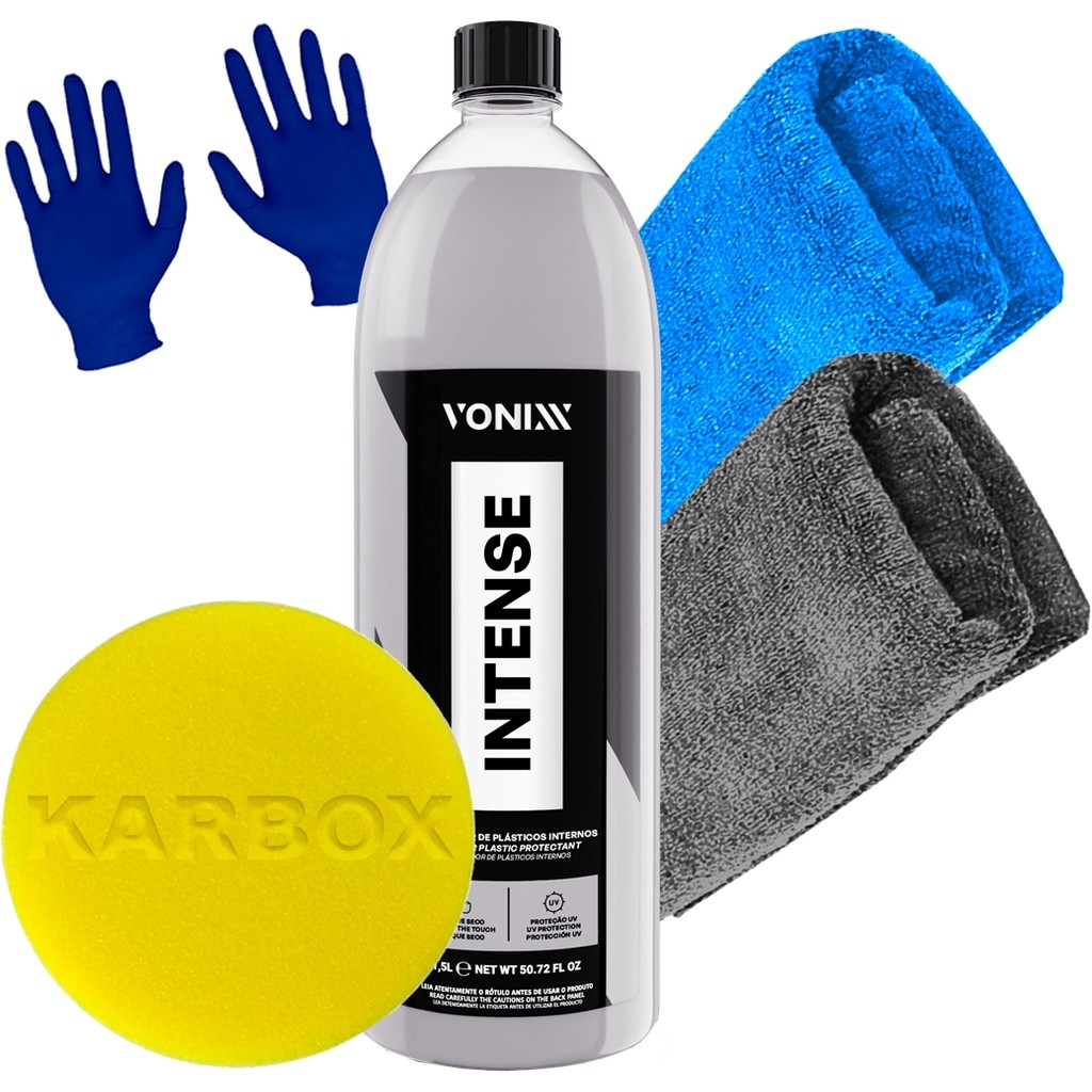 Kit Renovador de Plásticos Interno Intense 1,5l Vonixx Toalhas 30x30 Luva Nitrílica Aplicador Espuma Karbox