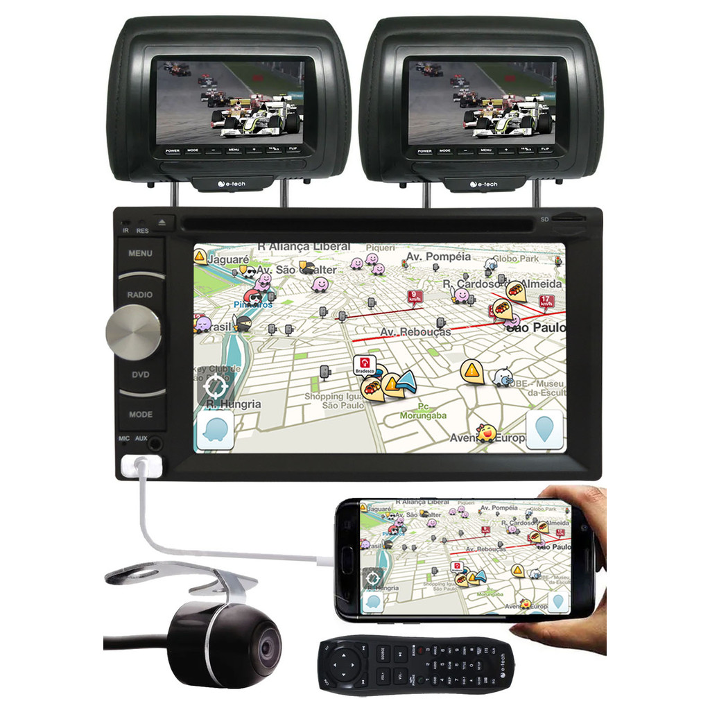 DVD Player 2 Din E-Tech + 2 Encosto AV + Câmera Ré