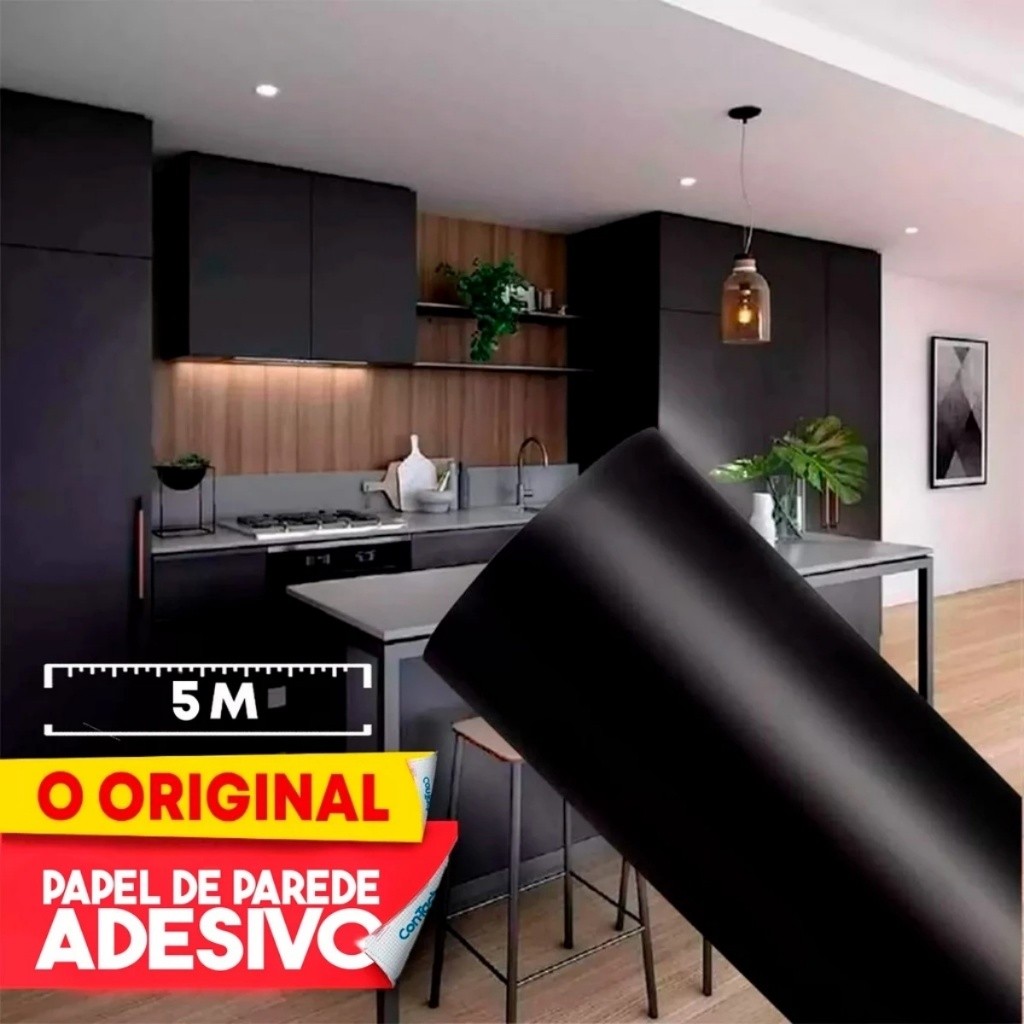 Papel Envelopamento Preto Fosco Adesivo Para Móveis Geladeira Fogão 1mt x 45cm