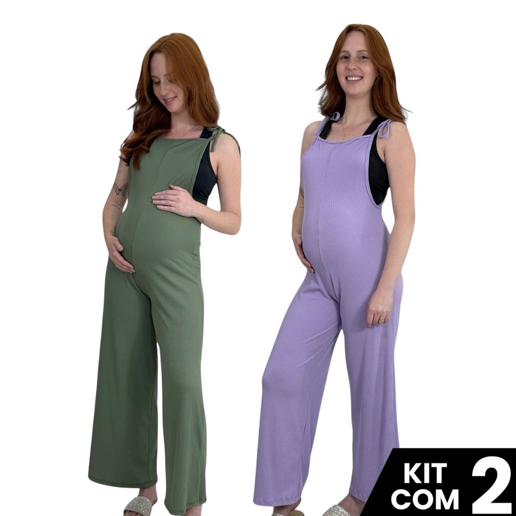 Kit 2 Macacão Canelado Amamentação Com Alça de Amarrar Leve Confortável Prático Moda Gestante em Oferta na Shopee